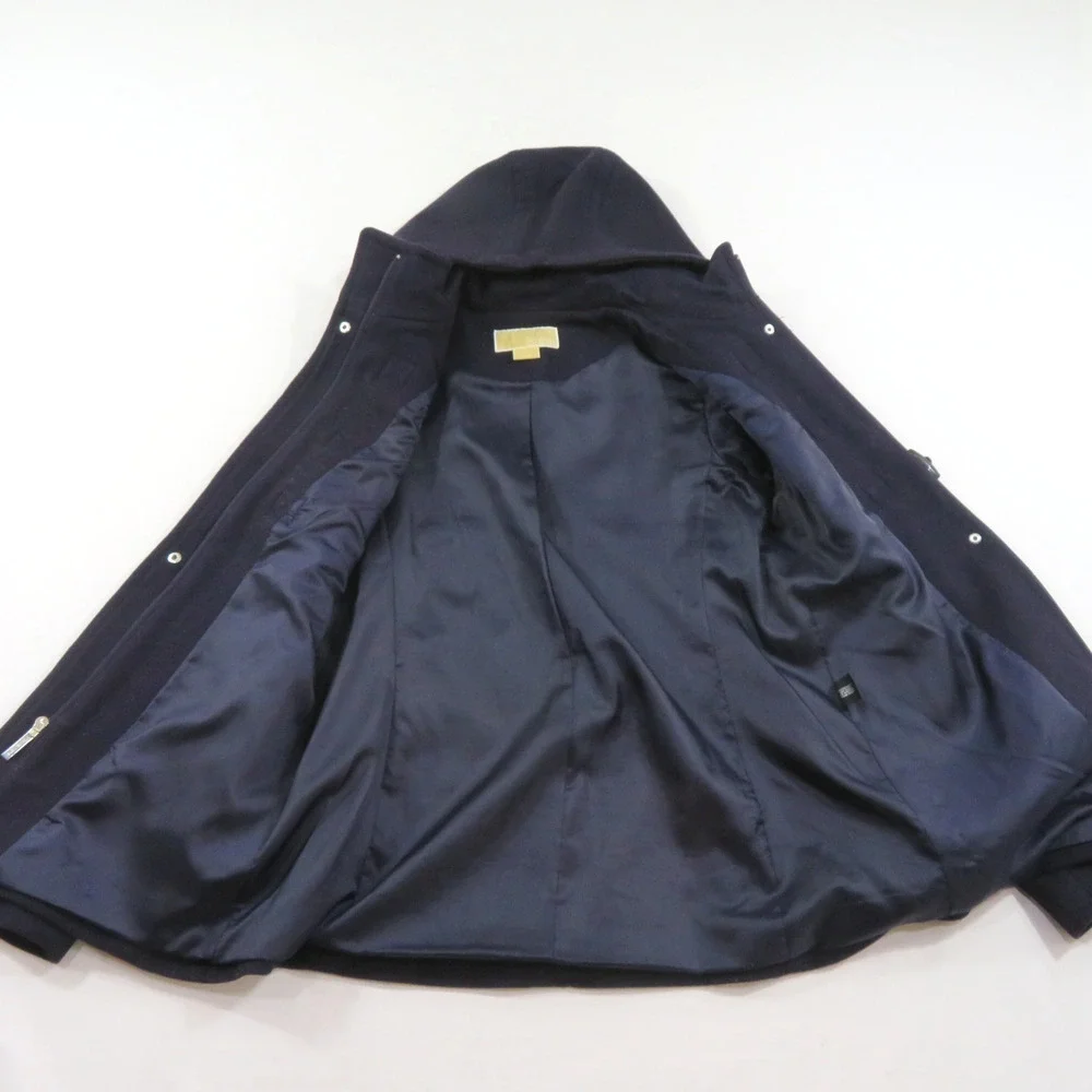 Michael Kors Coat Hooded Wool Blend Navy Blue Zip and Toggle Buttons Sz M